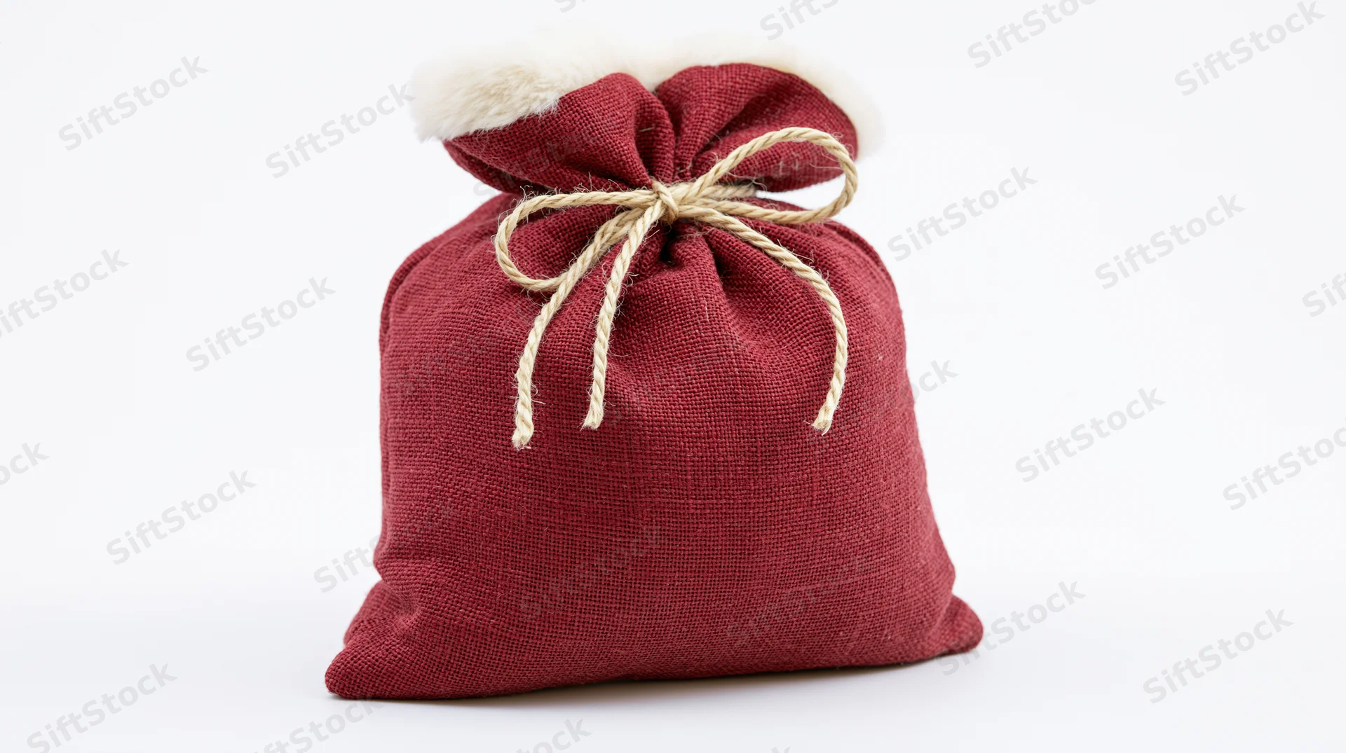 Red burlap santa gift sack tied with natural twine string on white background