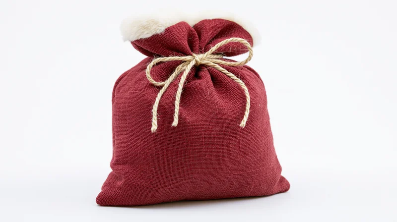 Red burlap santa gift sack tied with natural twine string on white background