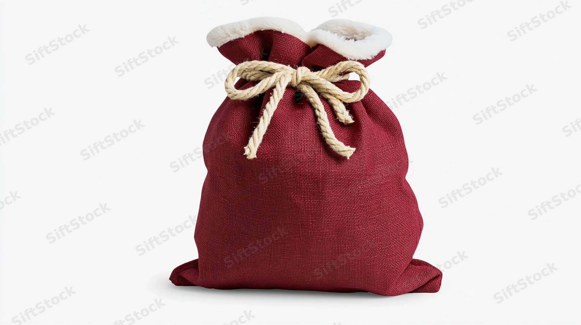 Red burlap santa gift sack tied with natural rope drawstring on white background