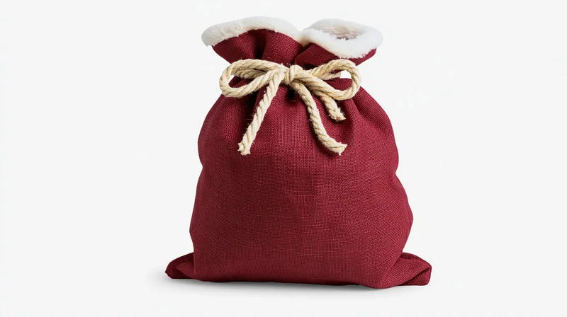 Red burlap santa gift sack tied with natural rope drawstring on white background