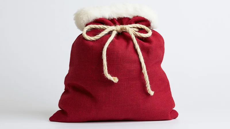 Red burlap santa gift sack tied with natural rope and white fur trim on white background