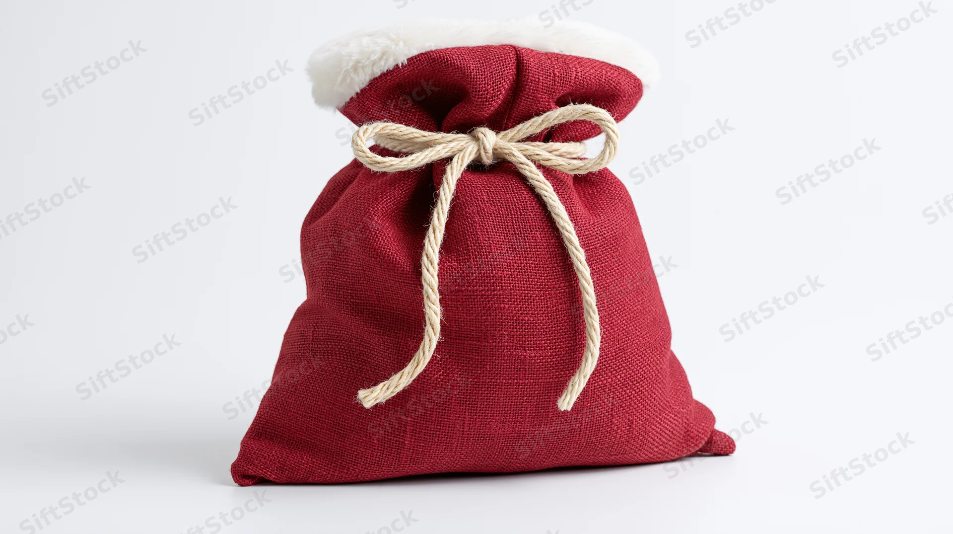 Red burlap santa gift sack tied with natural rope drawstring on white background