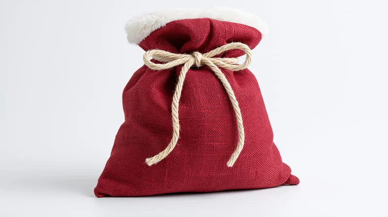 Red burlap santa gift sack tied with natural rope drawstring on white background