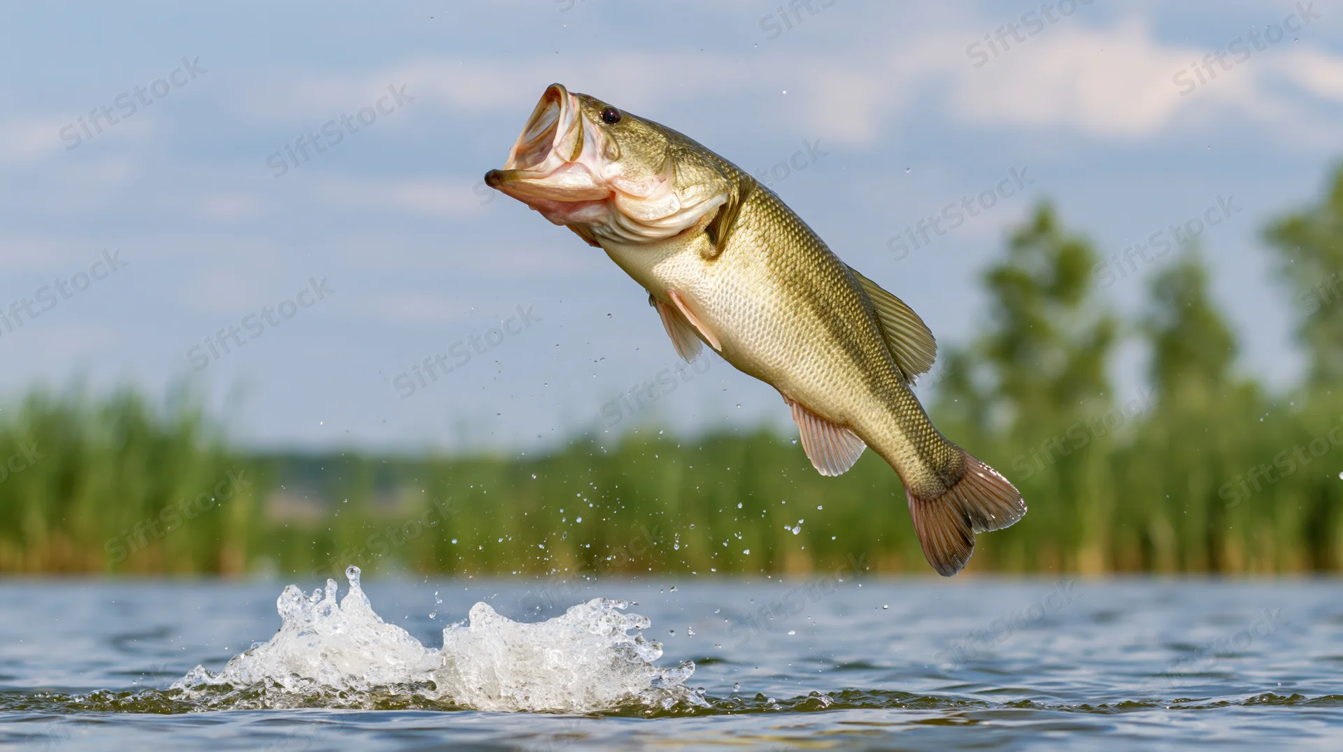Largemouth bass leaping out of lake water with mouth open midair