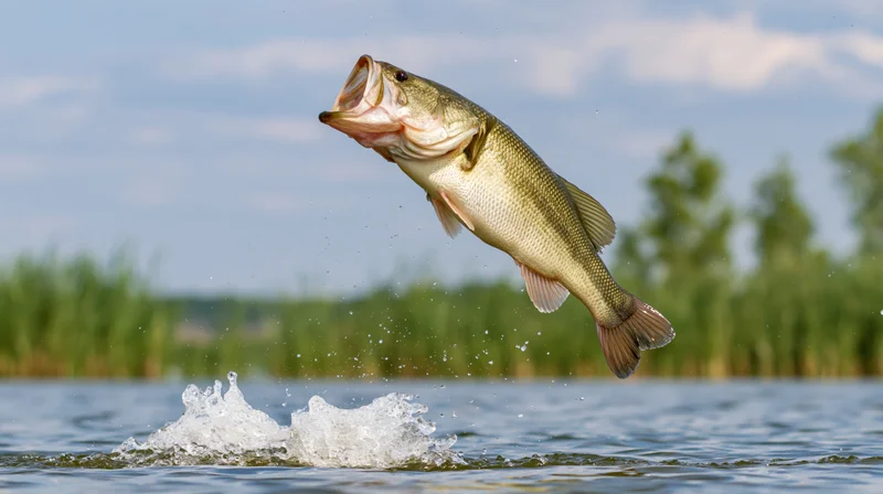 Largemouth bass leaping out of lake water with mouth open midair