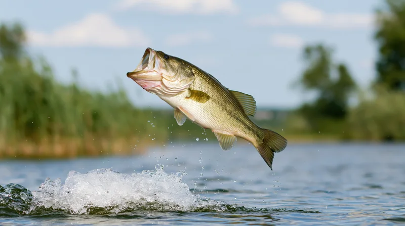 Largemouth bass leaping out of lake water with mouth open