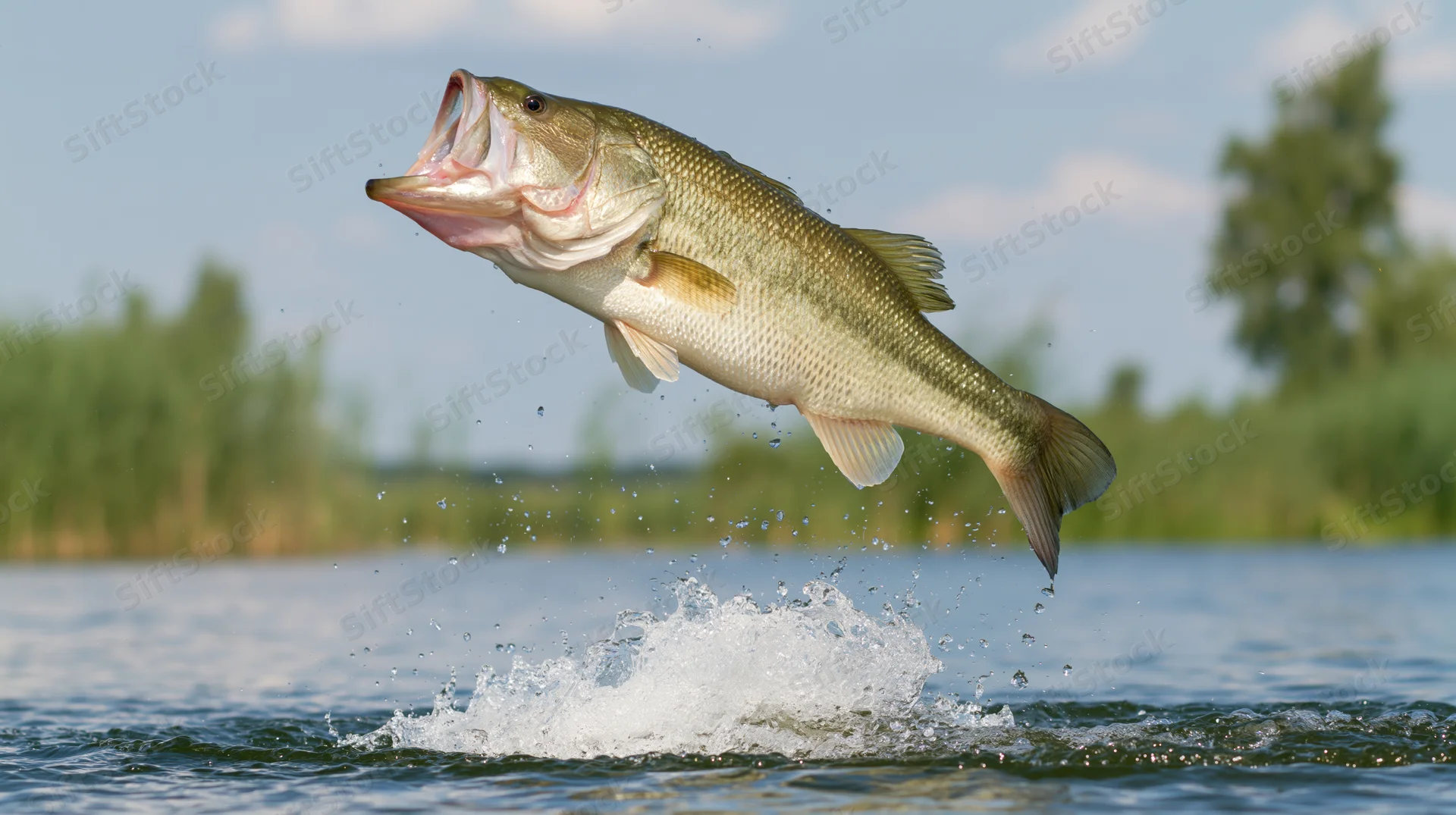 Largemouth bass leaping out of lake water with mouth open, creating splash