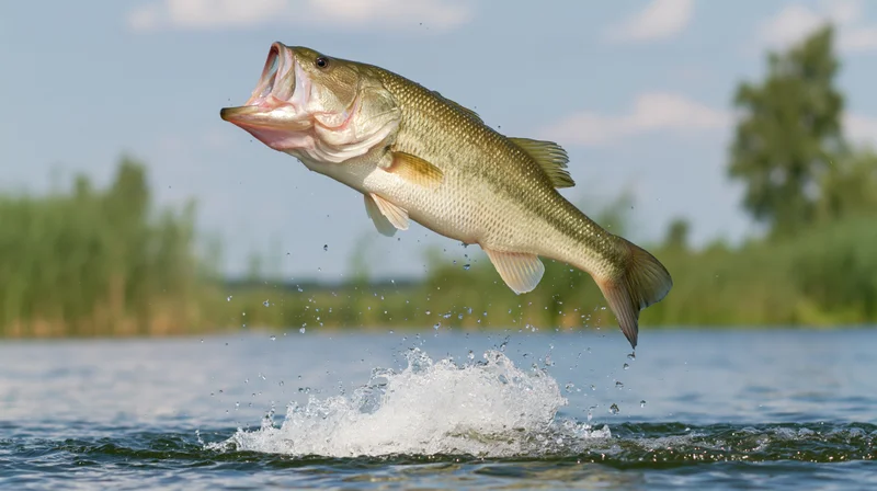 Largemouth bass leaping out of lake water with mouth open, creating splash