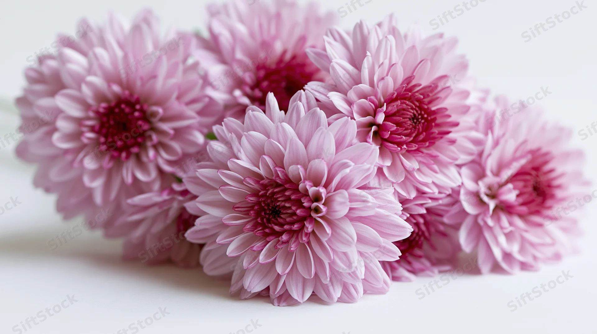 Cluster of pink chrysanthemums with layered petals arranged on white surface