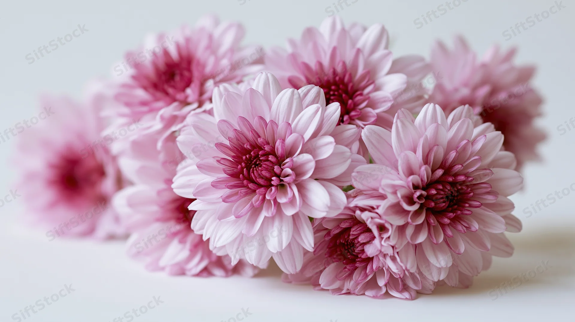 Cluster of pink chrysanthemums with layered petals arranged on a white surface