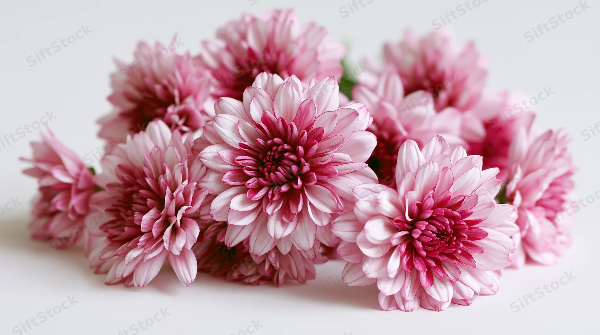 Cluster of pink chrysanthemums with layered petals arranged on white surface