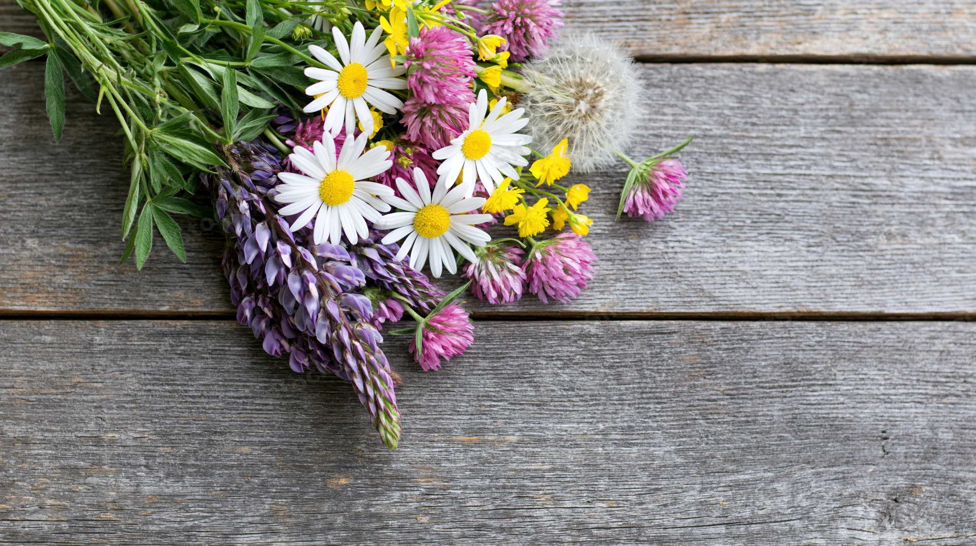 Loose cluster of wildflowers including white daisies and purple lupines arranged on a weathered wooden table with copyspace