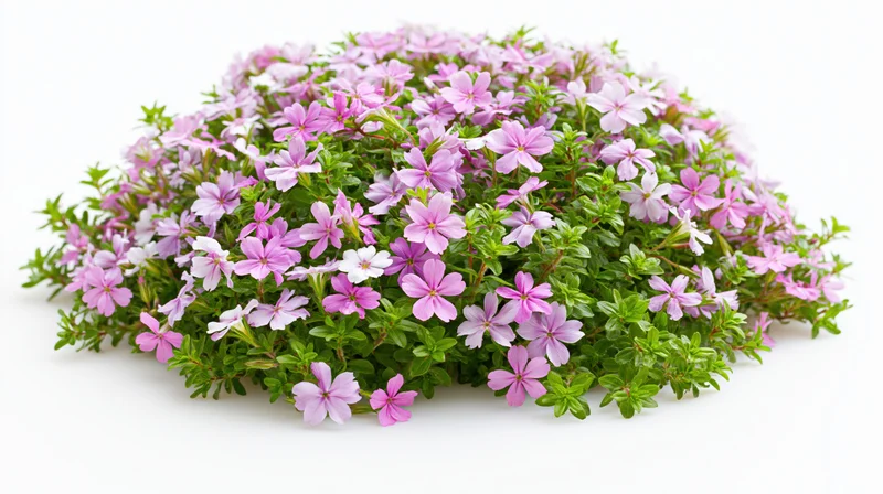 Low mounding flowering shrub with pink lavender blooms and green foliage on white background
