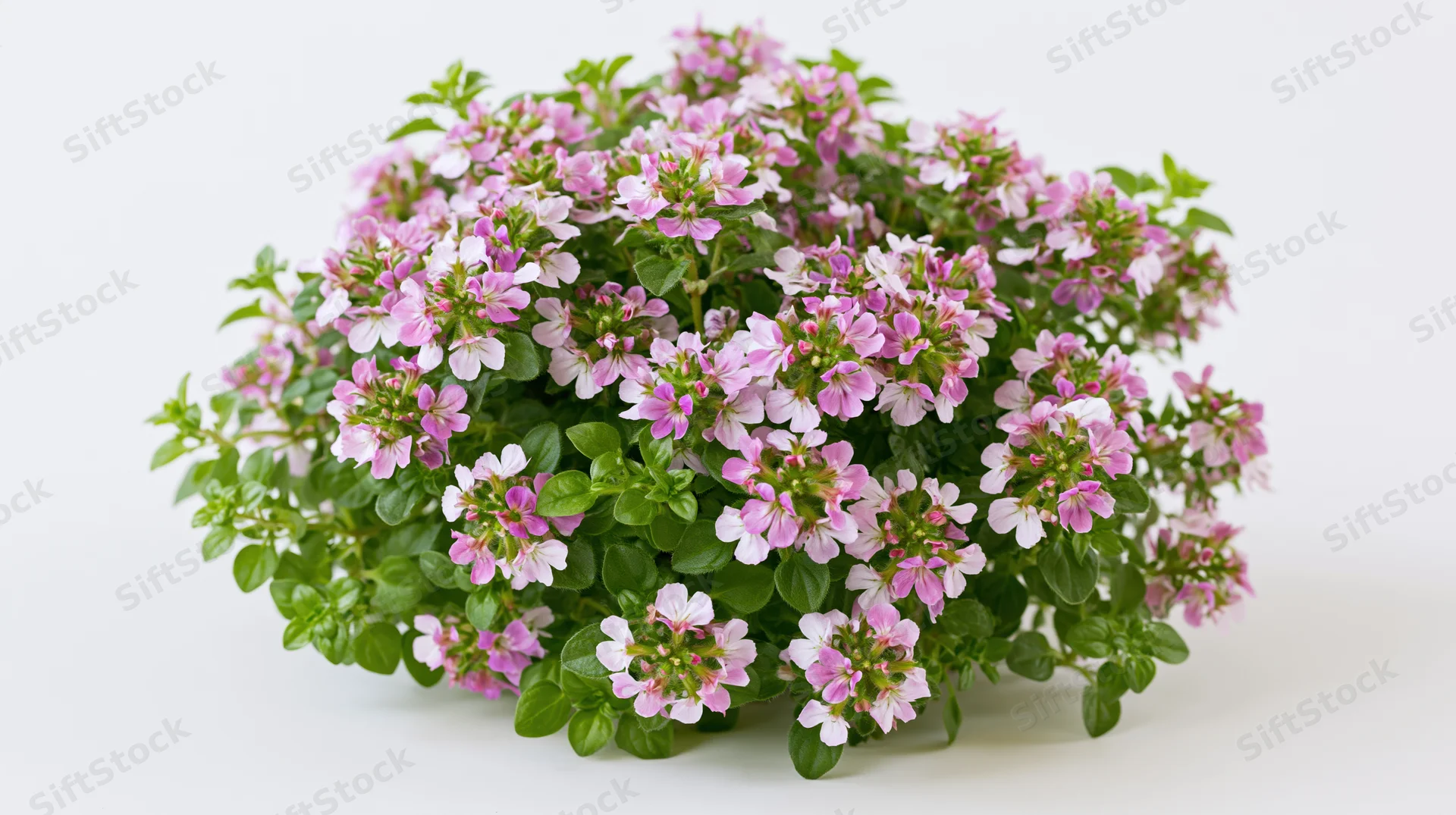 Low mounding flowering shrub with small pink lavender blooms and green foliage on white background
