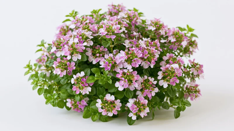 Low mounding flowering shrub with small pink lavender blooms and green foliage on white background