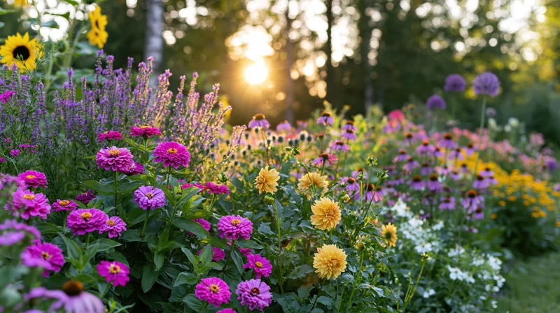 A lush cottage garden in full summer bloom with zinnias, sunflowers, coneflowers and lavender under golden hour sunlight