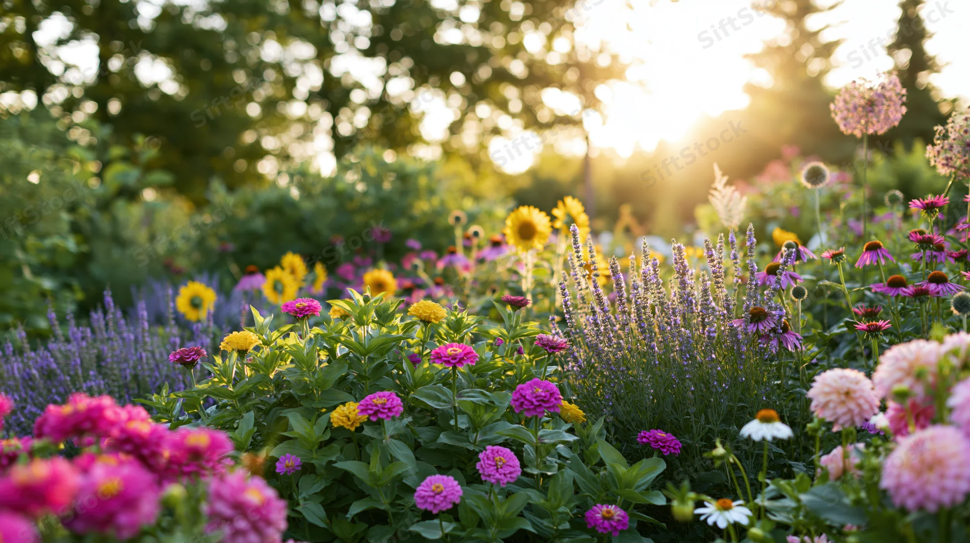 A lush cottage garden in full summer bloom with colorful flowers and greenery under sunlight