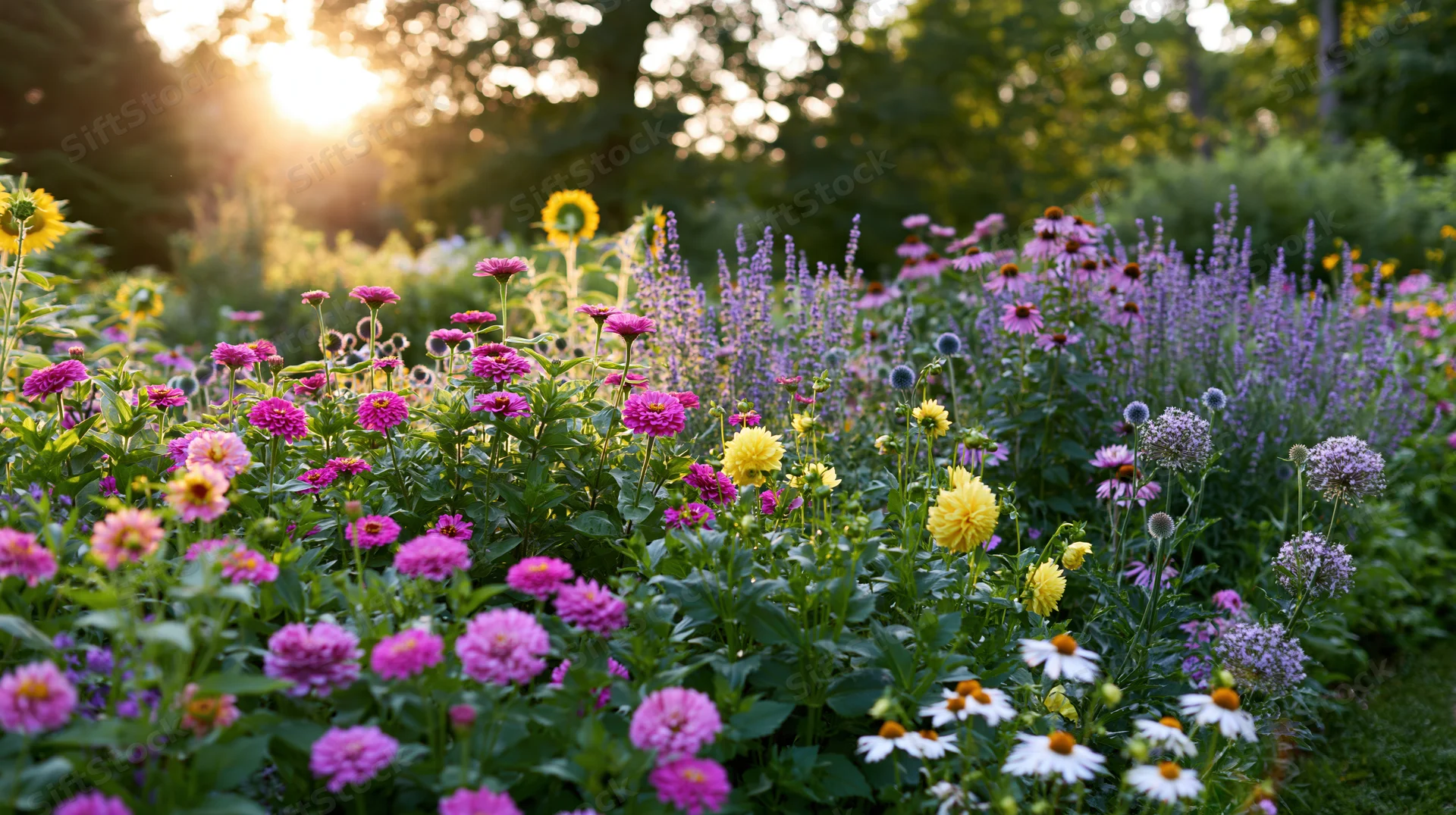 A lush cottage garden in full summer bloom with pink zinnias, yellow coneflowers, purple salvia, and white daisies under warm evening sunlight