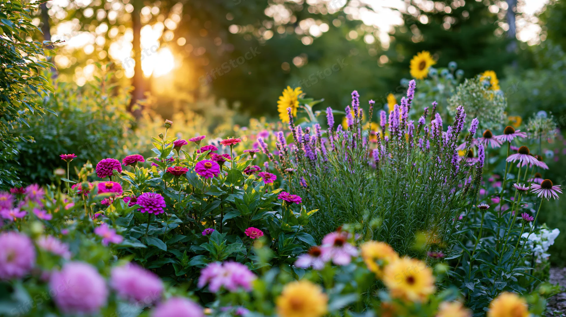 A lush cottage garden in full summer bloom with pink zinnias, purple coneflowers and yellow sunflowers under warm sunlight