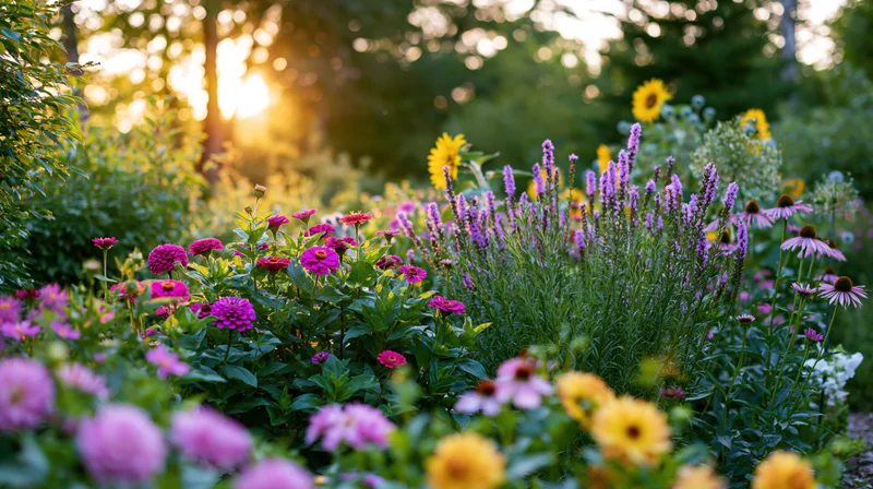 A lush cottage garden in full summer bloom with pink zinnias, purple coneflowers and yellow sunflowers under warm sunlight
