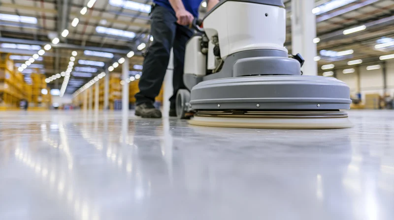 Maintenance worker operating floor buffing machine in warehouse interior