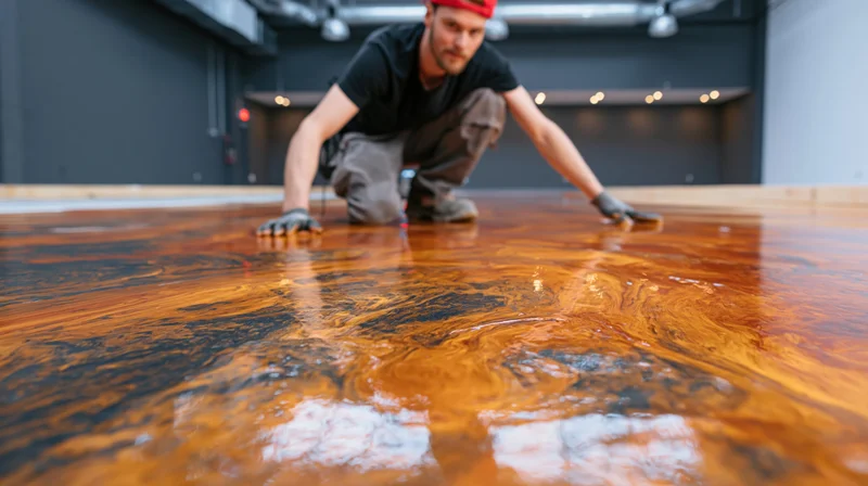 Male worker crouching to smooth wet epoxy resin on a wooden floor in a workshop