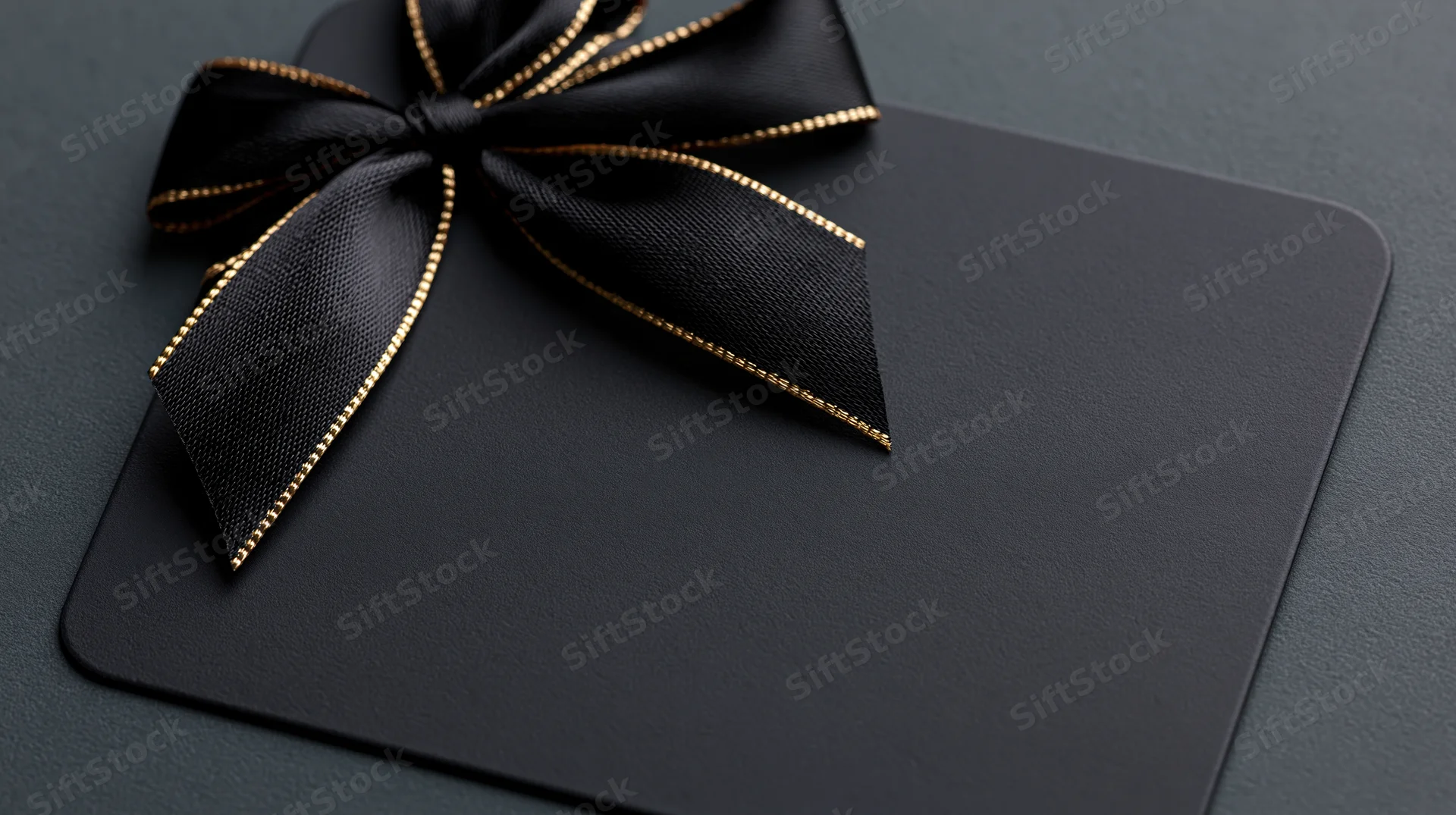 Matte black gift card with gold-trimmed ribbon bow lying flat on dark surface
