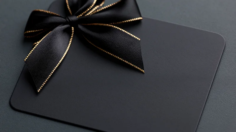 Matte black gift card with gold-trimmed ribbon bow lying flat on dark surface