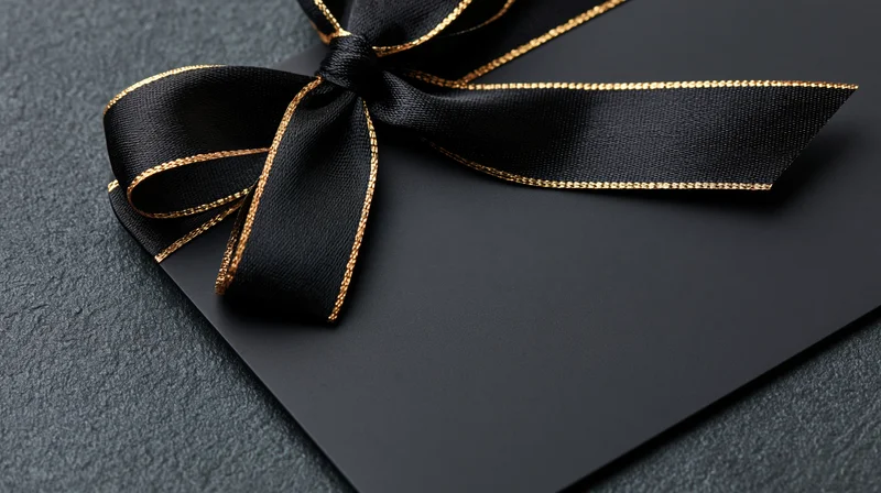 Matte black gift card with gold-trimmed ribbon bow on textured surface