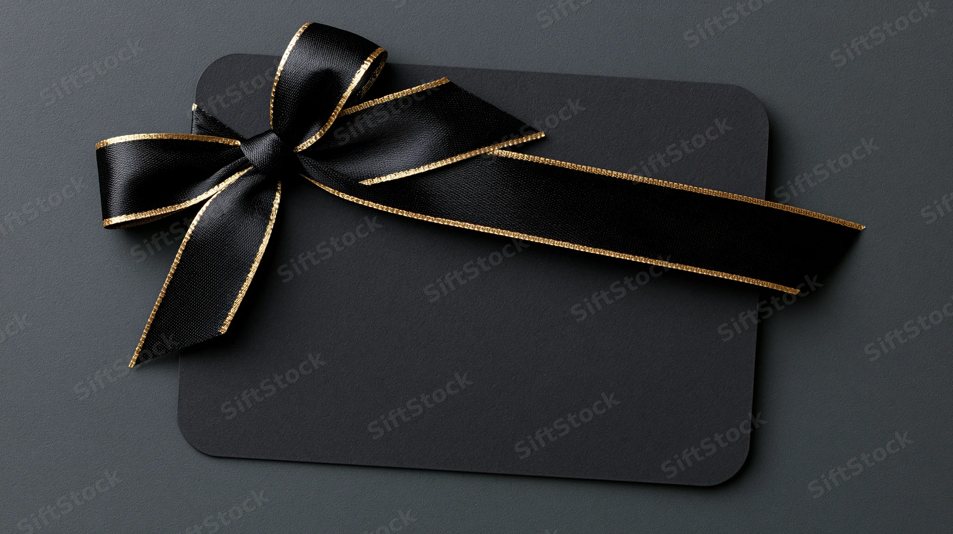 Matte black gift card with gold-trimmed ribbon bow lying flat on dark surface