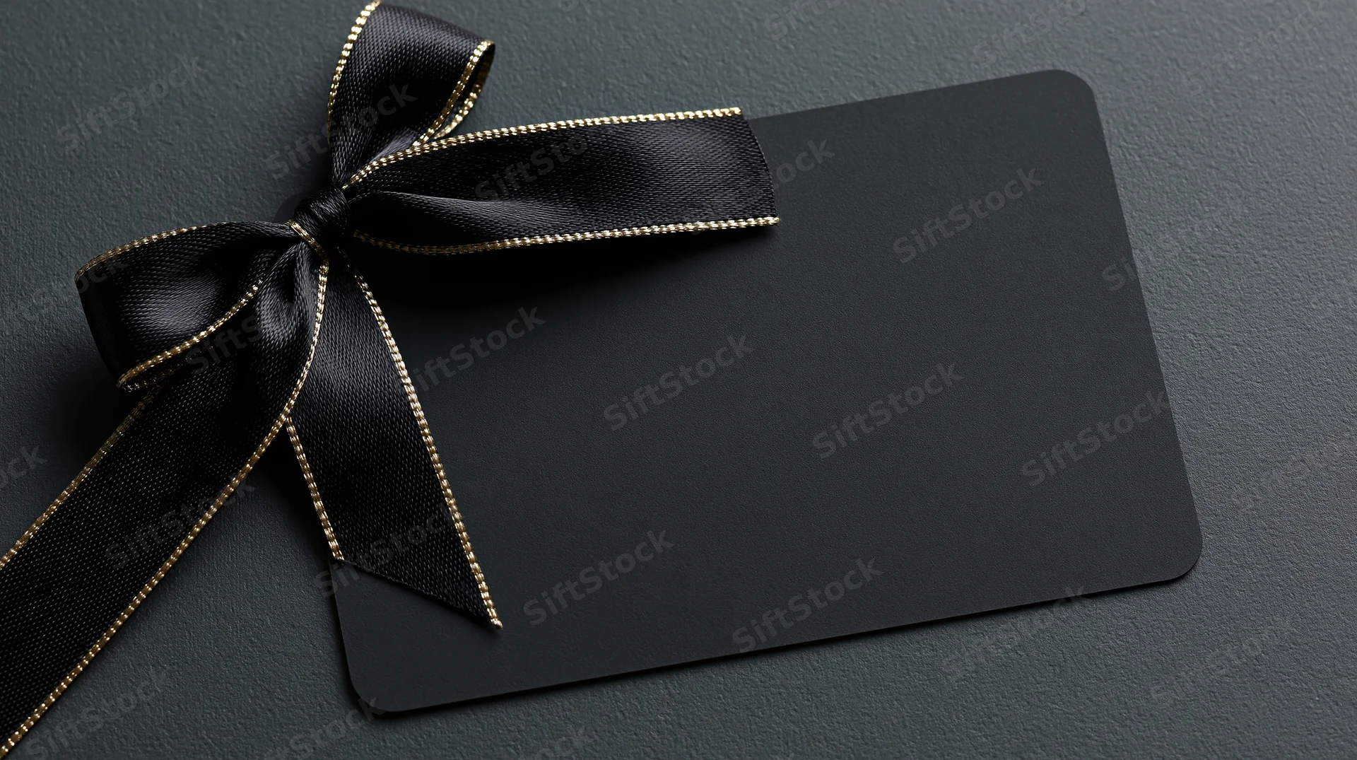 Matte black gift card with black ribbon bow lying flat on dark textured surface