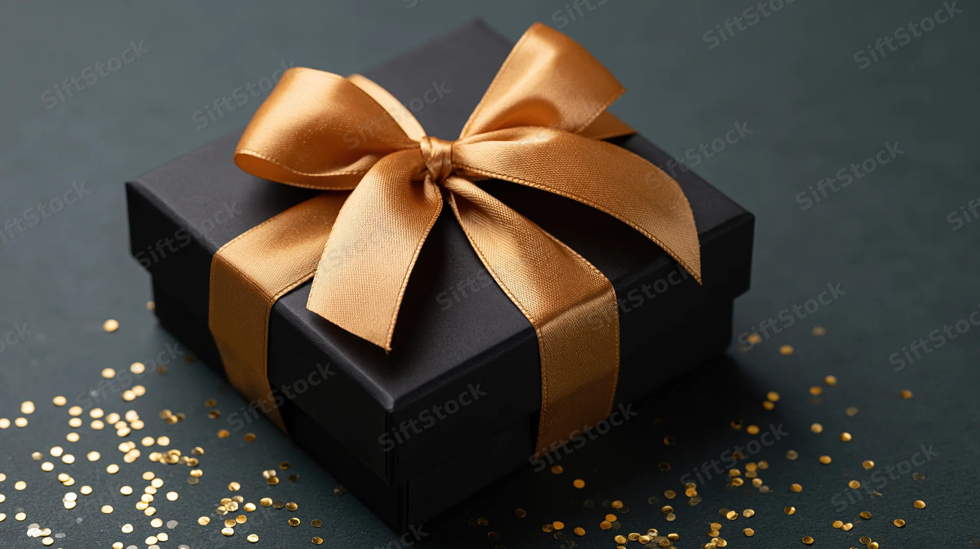 Matte black square gift box with shiny gold satin ribbon bow and scattered gold glitter on dark surface