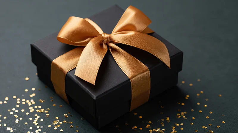 Matte black square gift box with shiny gold satin ribbon bow and scattered gold glitter on dark surface