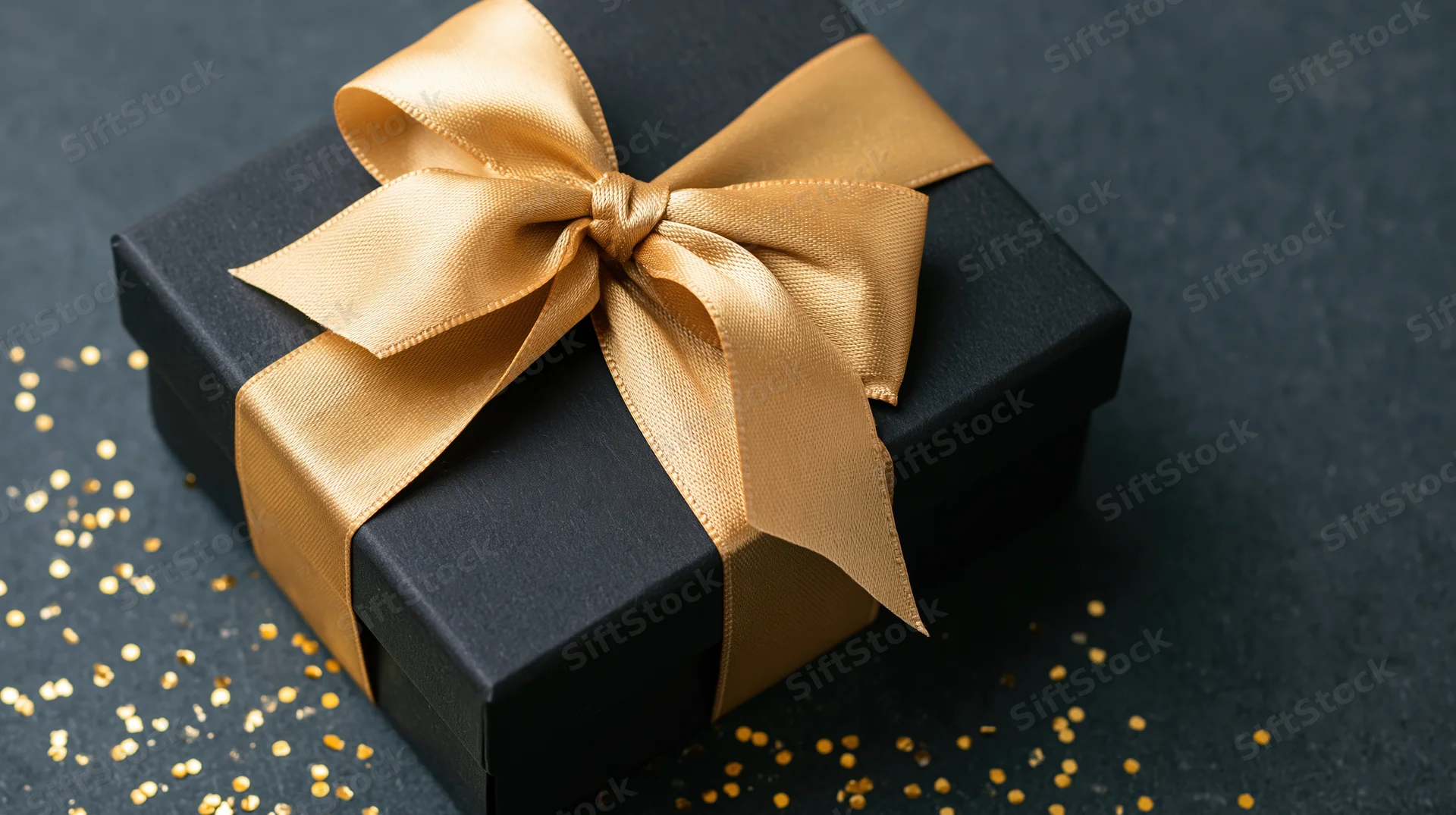 Matte black gift box with gold satin ribbon bow on dark surface surrounded by golden confetti