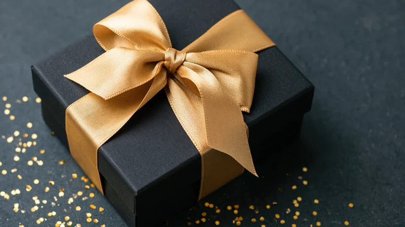 Matte black gift box with gold satin ribbon bow on dark surface surrounded by golden confetti