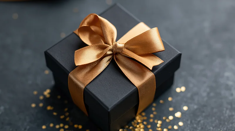Matte black square gift box tied with shiny gold satin ribbon on dark surface with scattered gold confetti