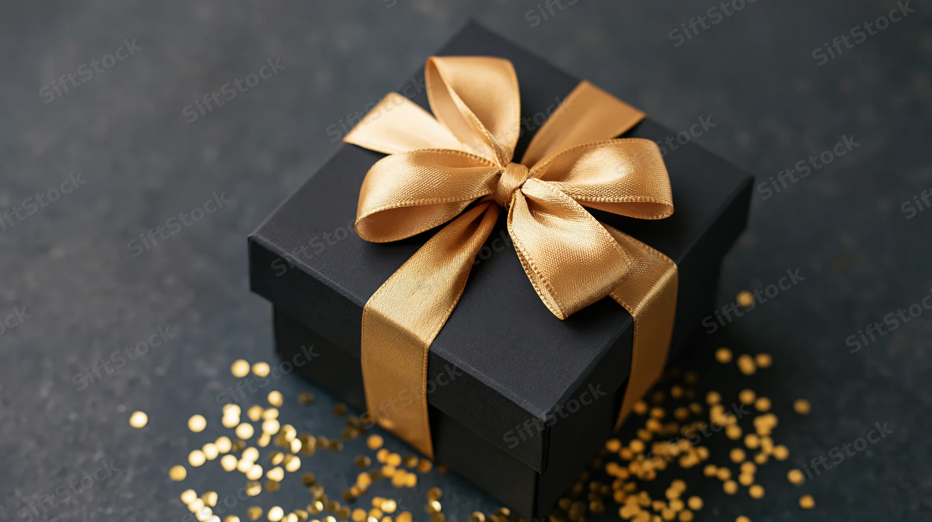 Matte black square gift box with shiny gold satin ribbon bow and scattered gold confetti on dark textured surface