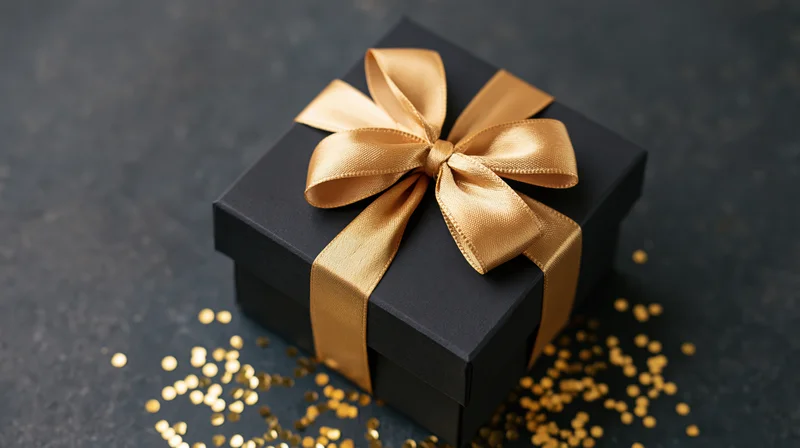 Matte black square gift box with shiny gold satin ribbon bow and scattered gold confetti on dark textured surface