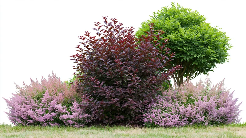 Mixed garden border with burgundy and green shrubs and pink flowering plants on grass
