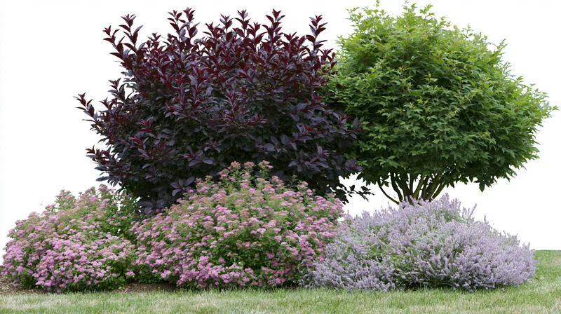 Mixed garden border with burgundy shrub, green bush, pink and lavender flowering plants on grass