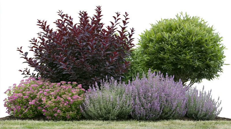 Garden border with burgundy shrub, lavender, and pink flowers on grass