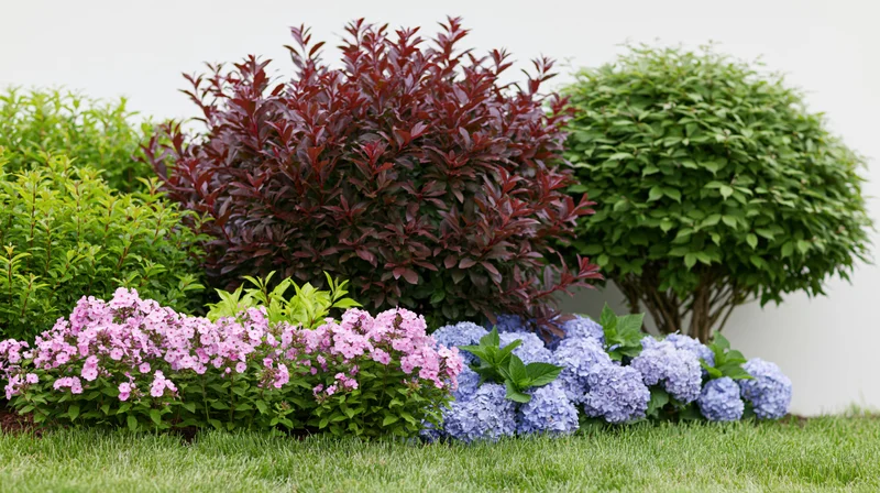 Mixed garden border with burgundy photinia shrub, pink phlox, blue hydrangeas, and green foliage on a lawn