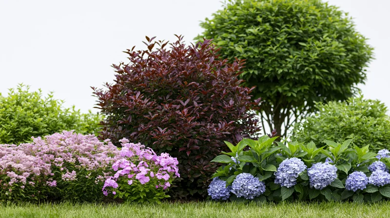 Mixed garden border with burgundy photinia, purple phlox, blue hydrangeas and green shrubs on a lawn
