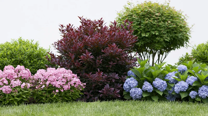 Mixed garden border with pink and blue hydrangeas and burgundy photinia shrubs on a lawn