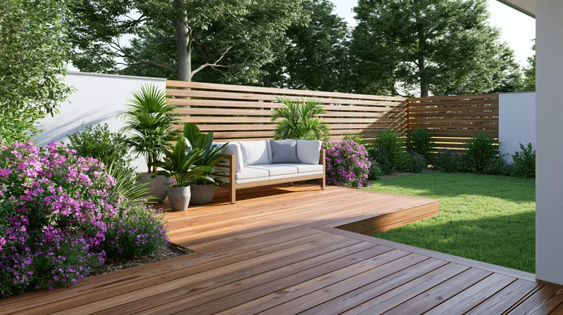 Modern wooden deck with sofa and flowering plants in a residential backyard garden