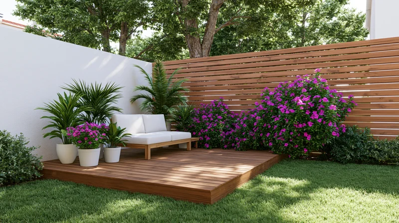 Modern wooden deck with white sofa and potted plants in a residential backyard garden