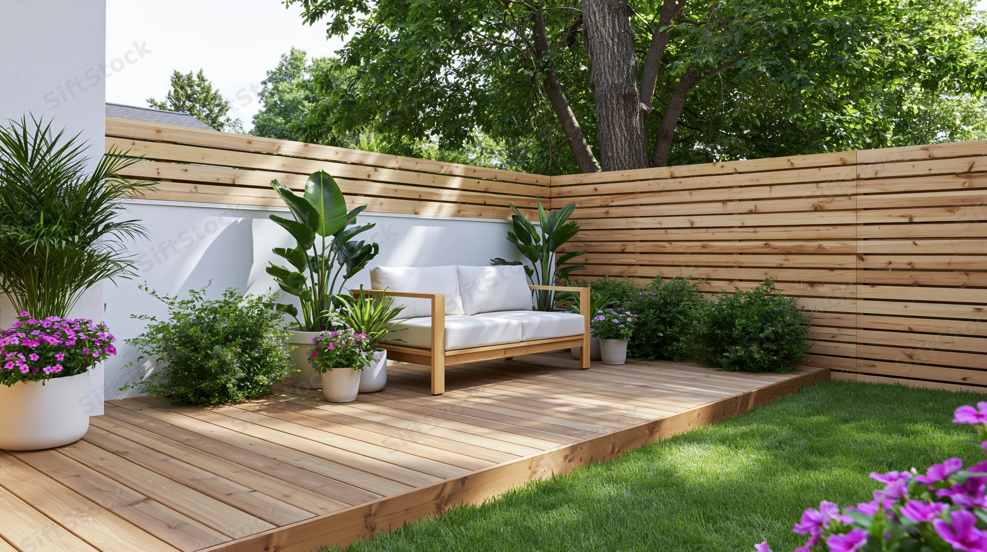 Wooden deck with white sofa and potted plants in a modern backyard garden
