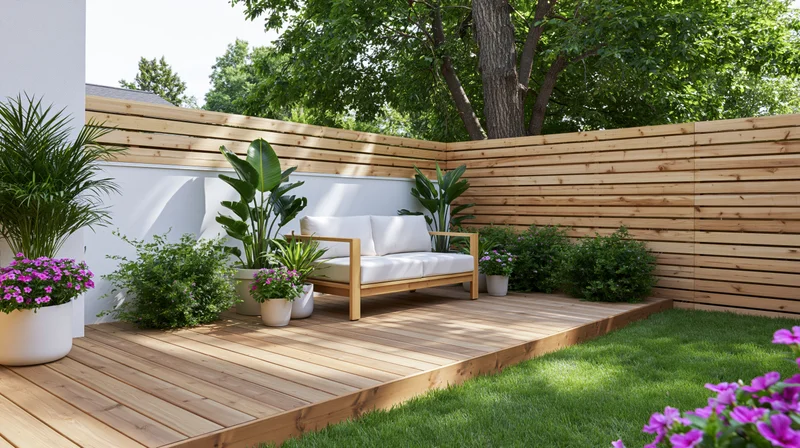 Wooden deck with white sofa and potted plants in a modern backyard garden