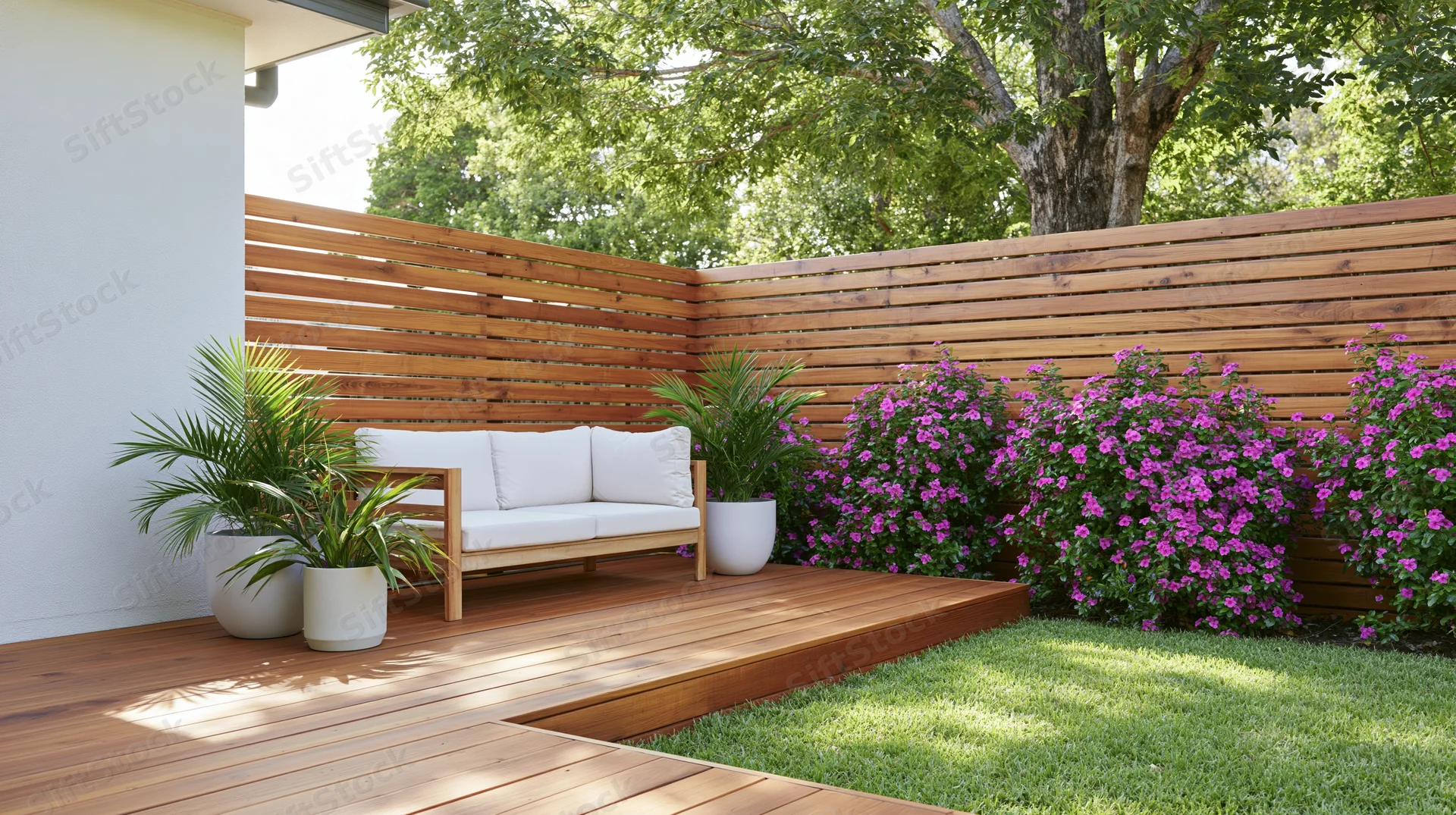 Modern wooden deck with white sofa and potted plants in a backyard garden