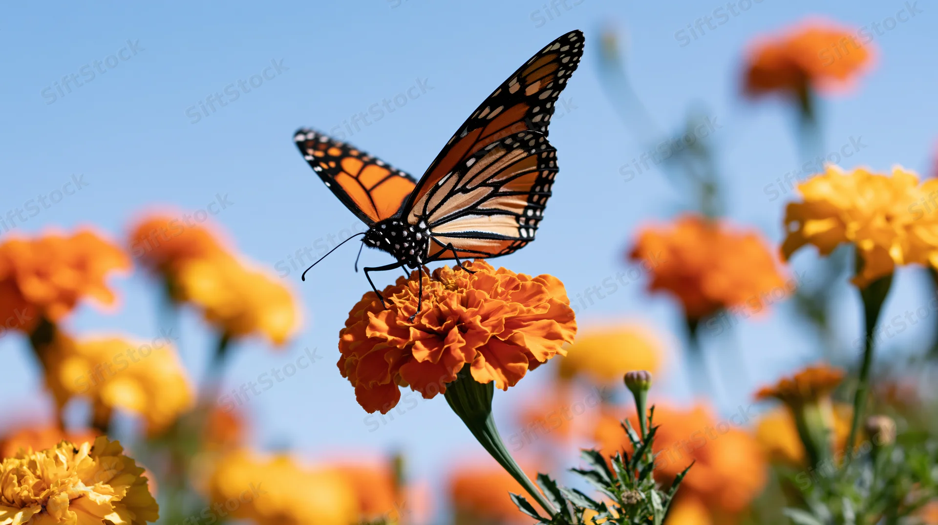 Monarch butterfly perched on orange marigold bloom in garden under blue sky